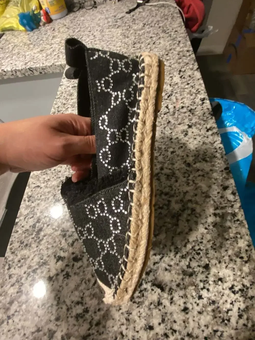 Rouge Helium Rhinestone Logo Pattern Black Denim Espadrille Flats